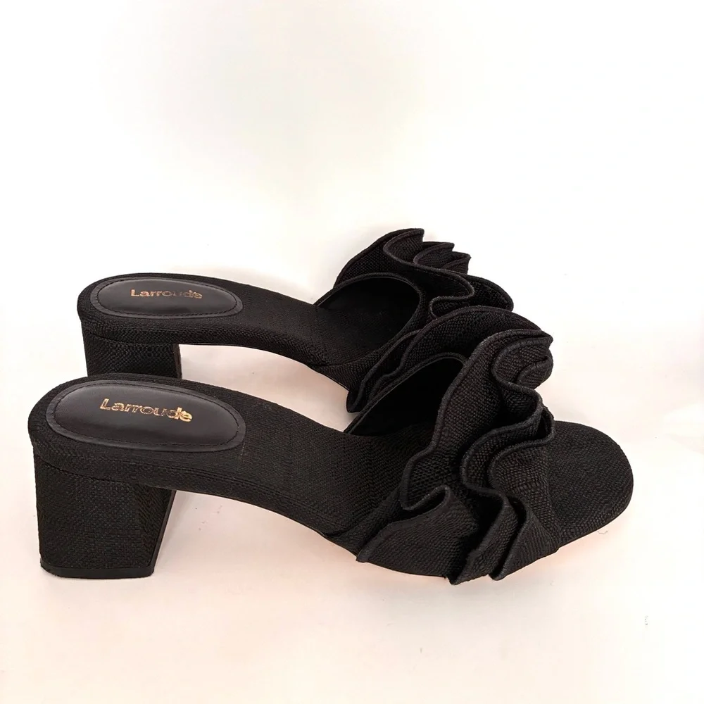 Larroude Brigitte Ruffle Raffia Block Heel Sandals (9.5) - Picture 3 of 13